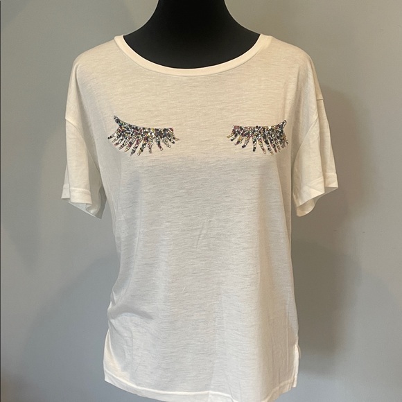 Ellison Tops - White Embellished Women's Top with sequin eyes small like new